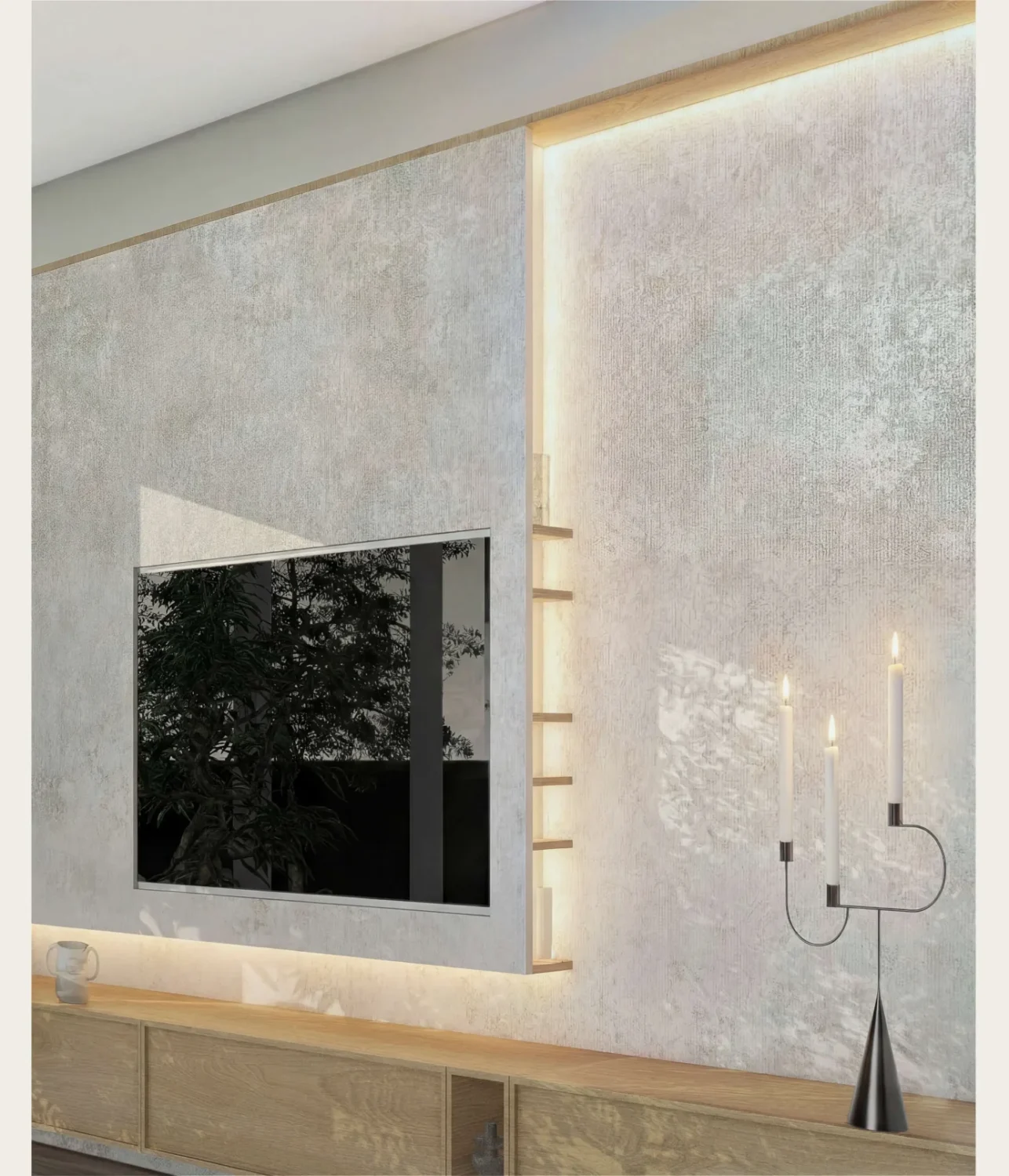 Návrh interiéru obývačky - detail doplnkov. Tento interiér je ukážkou organického minimalizmu, kde hlavné slovo nemá dekorácia, ale hmatateľný charakter materiálov