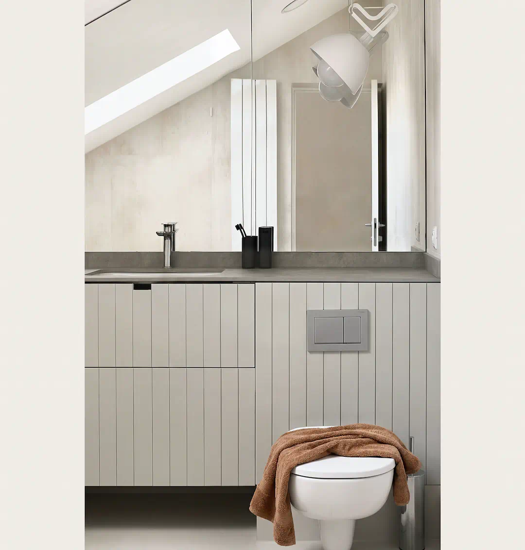 návrh kúpeľne s veľkým zrkadlom - rodinný dom- interiérový dizajnér Linea Design