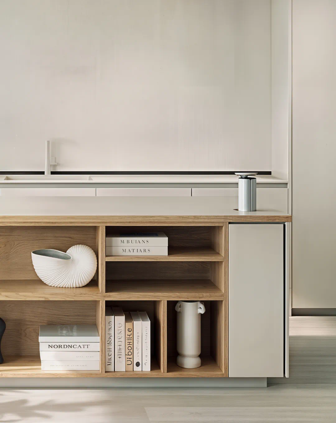 Návrh interiéru s umeleckými prvkami - v centre moderný ostrov, v pozadí minimalisticky riešená kuchyňa bez horných skriniek - Linea Design