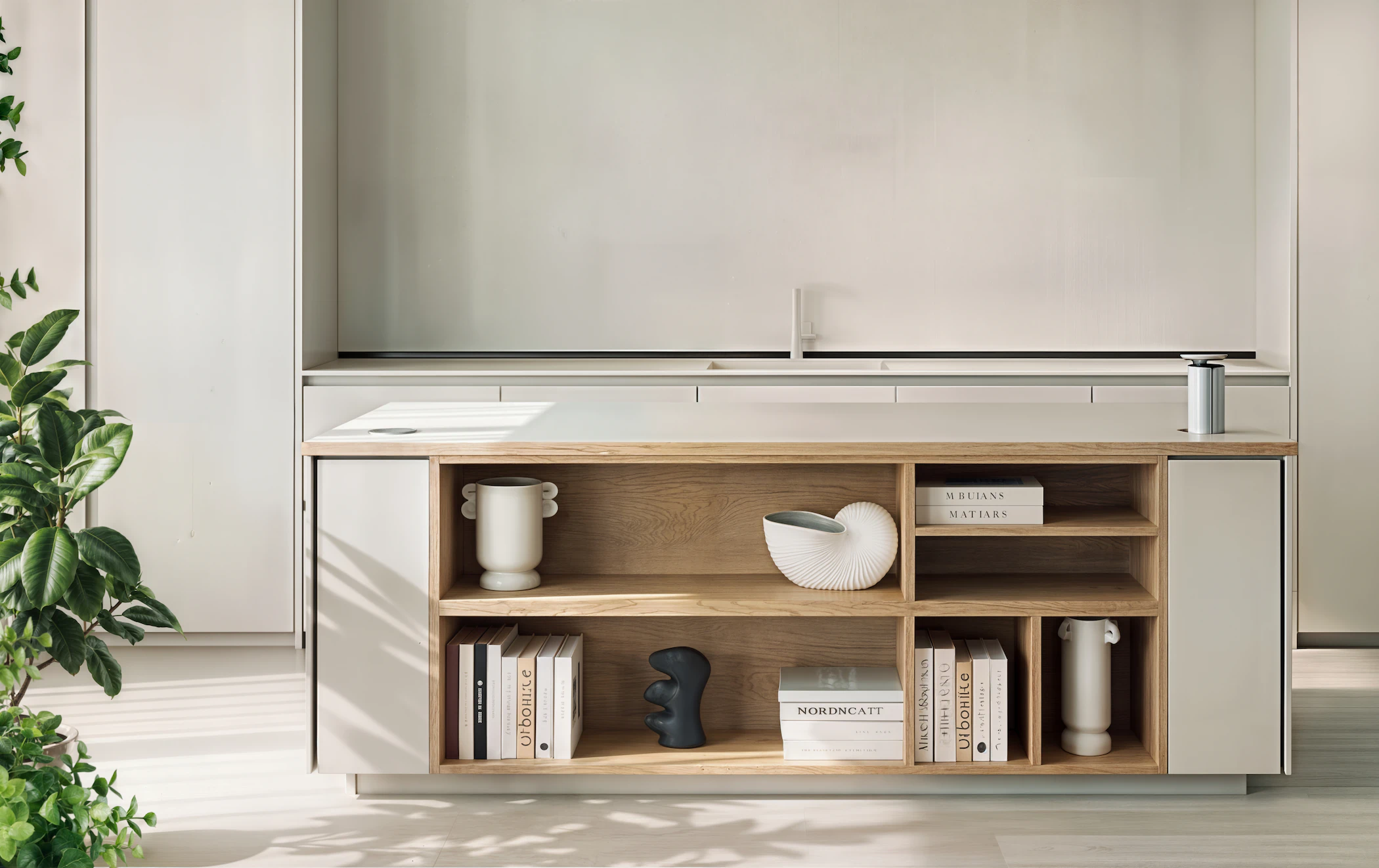 Návrh interiéru s umeleckými prvkami - interiérový dizajnér Linea Design. Moderný minimalistický ostrov