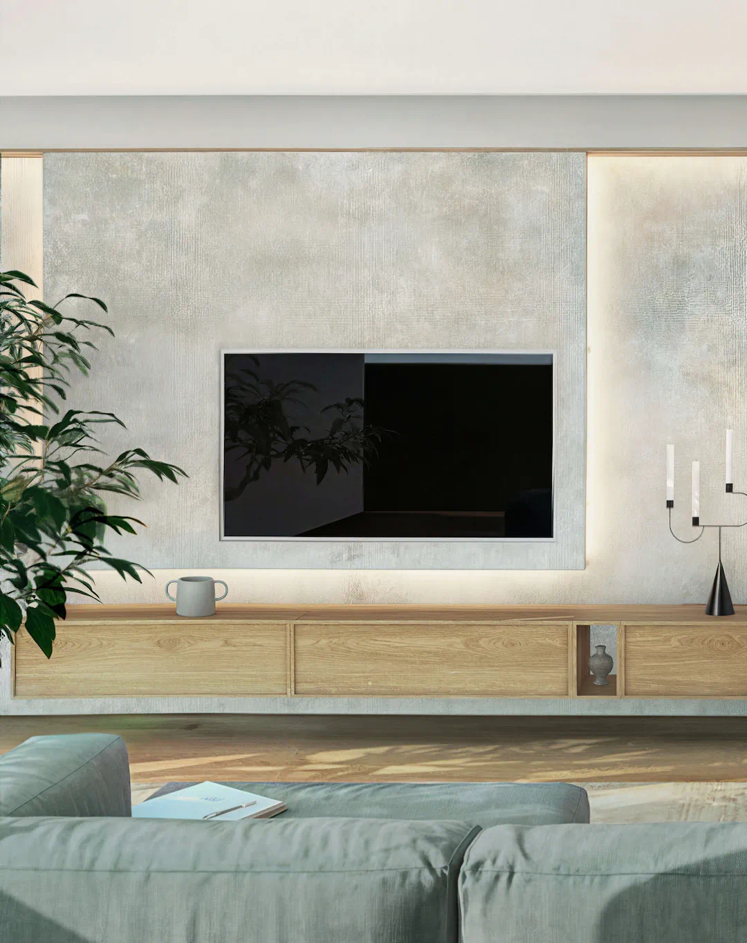 Návrh interiéru obývačky - interiérový dizajnér Linea Design. Kombinácia surových textúr steny, teplého dreva a mäkkého svetla vytvára priestor, ktorý je moderný, no pritom hlboko spätý s prírodou.