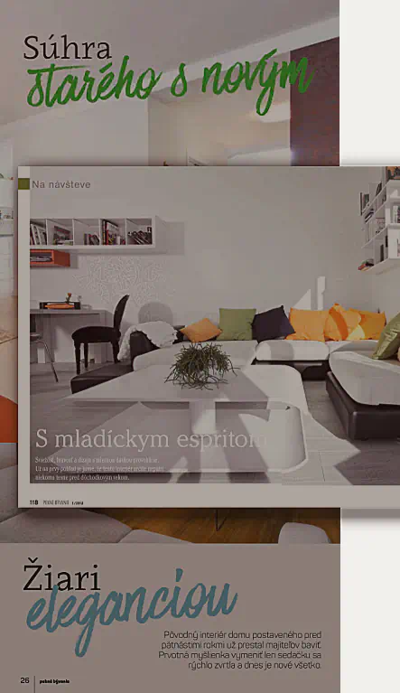 Stránky z časopisov, v ktorých boli uverejnené fotografie našich návrhov interiéru a ich realizácie - referencie Pekné Bývanie, Môj dom
